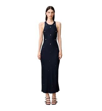 Robe longue satin brodé perles strass - Claudie Pierlot - Bleu nuit