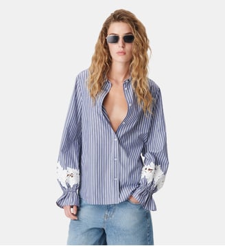 Chemise rayée et broderies fleurs - Ikks - Bleu acier