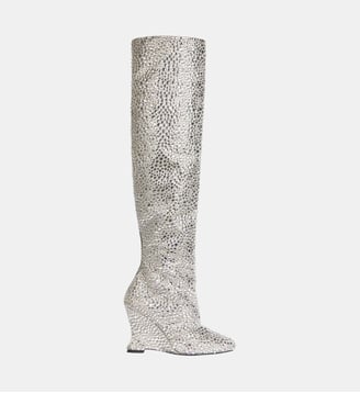 Bottes cuissardes Wedge en satin avec cristaux - Balmain - Argent
