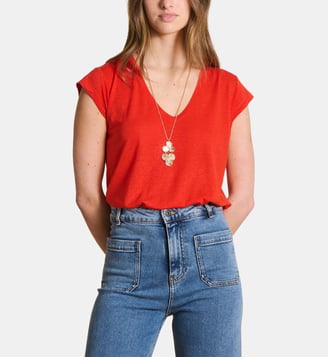 T-shirt en lyocell col V manches courtes - La Fée Maraboutée - Jaspe