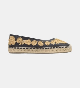 Espadrilles plates en cuir à broderie florales en raphia PARIS - Castaner - Noir