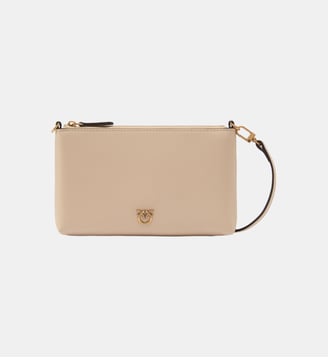 Pochette plate en cuir avec logo love birds - Pinko - Beige et gris fumée doré antique