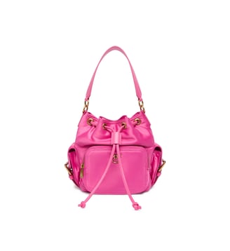 Petit seau à bandoulière en satin - Pinko - Rose flogo doré antique