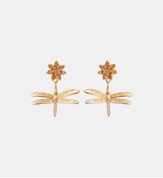 Boucles d'oreilles tiges pendantes libellule, fleur et cristaux - Les Néréides - Jaune