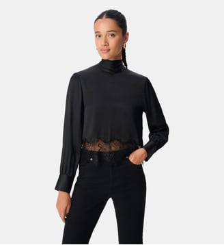Blouse satinée bande dentelle - Ikks - Noir