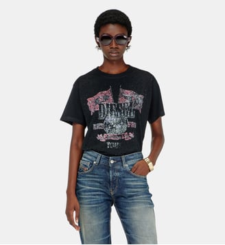 T-shirt avec graphismes de concert et cristaux - Diesel - Noir