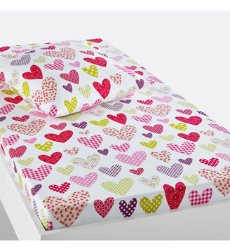 Drap-housse enfant pur coton, Coeur Liberté - So'Home - Rose vert et blanc