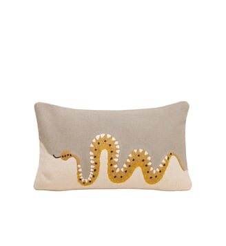 Housse De Coussin  Coton rebrodé d'un serpent en chaînette - Madura - Naturel et python doré