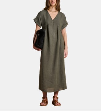 Robe longue ample en lin manches courtes - La Fée Maraboutée - Blanc et vert