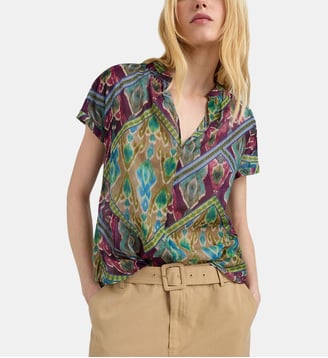 Blouse copal en voile de coton imprimé - Momonì - Bleu turquoise
