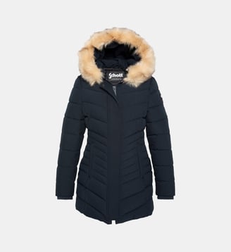 Parka mi-longue à capuche effet fourrure amovible - Schott - Marine