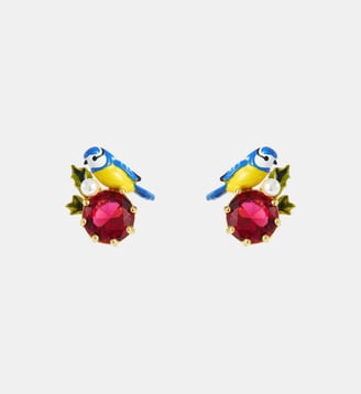 Boucles d'oreilles tiges mésanges et pierre ronde rouge - Les Néréides - Multicolore