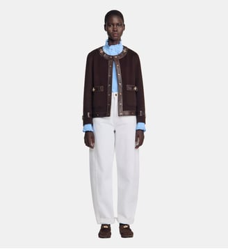 Manteau court à détails cuir - Sandro - Marron