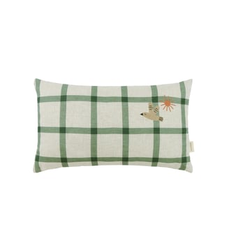 Coussin rectangulaire en lin français Vibes M - Nobodinoz - Green windowpane bird