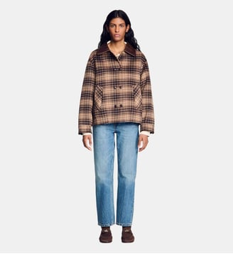 Manteau à carreaux col en cuir - Sandro - Marron
