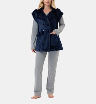 Veste manches courtes boutonnée en peluche flanelle ESSENTIEL H76A - Lingerie Le Chat - Bleu