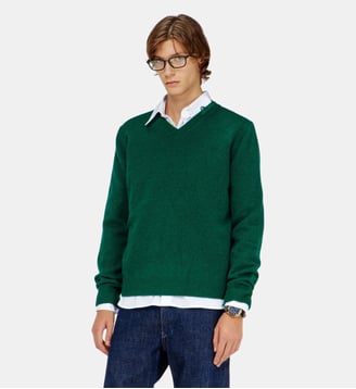Pull en laine col V avec logo sur le col - Diesel - Vert