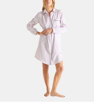 Chemise de nuit col classique en popeline de coton, Essentiel Rayé - Laurence Tavernier - Rose
