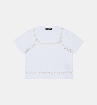 T-shirt avec applications bijoux et logo - Dsquared2 - Blanc