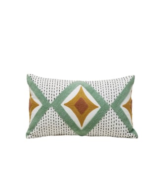 Housse De Coussin  Coton rebrodé de point de bouclette et de chainette - Madura - Ivoire et vert