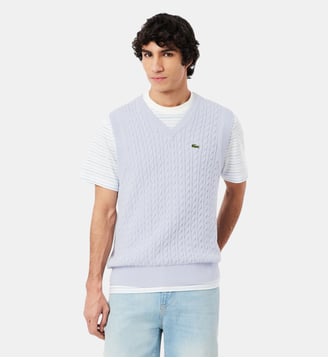 Pull sans manche torsadé coton - Lacoste - Bleu clair et blanc