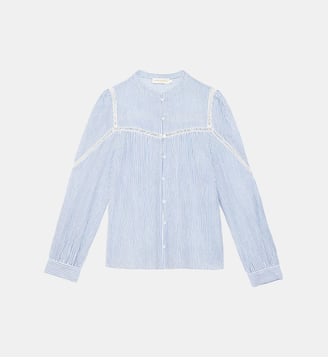 Blouse manches longues col mao imprimé à rayures BAYEN - La Petite Etoile - Écru et bleu