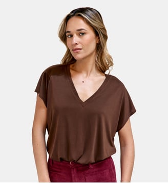 T-shirt manches courtes col v uni MARCELINA - La Petite Etoile - Marron