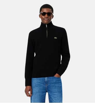 Pull zippé uni col montant laine - Lacoste - Noir