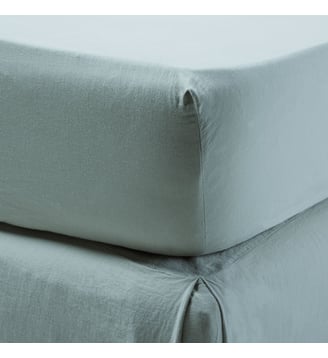 Drap Housse  Satin de coton lavé uni à nouettes - Madura - Vert eucalyptus
