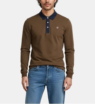 Polo manches longues en coton - Serge Blanco - Café
