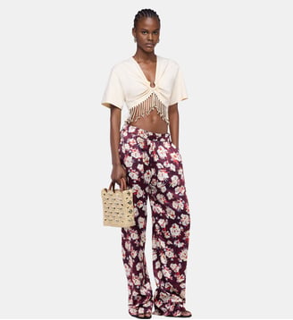 Pantalon droit à motif floral en satin de soie - Rabanne - Bordures florales violet et jaune