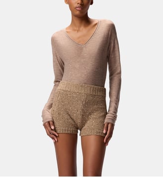 T-shirt à col v à paillettes - Pinko - Beige peau de daim