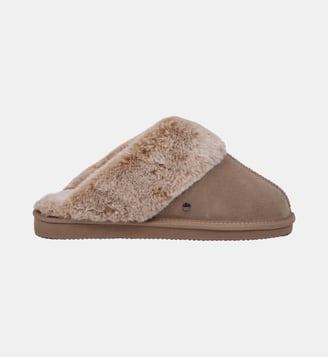 Chaussons mules cuir fourré chaud - Isotoner - Beige