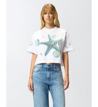 T-shirt court avec imprimé et appliqués - Pinko - Blanc et blanche neige
