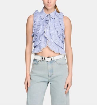 Chemise rayée à volants - Sandro - Bleu marine
