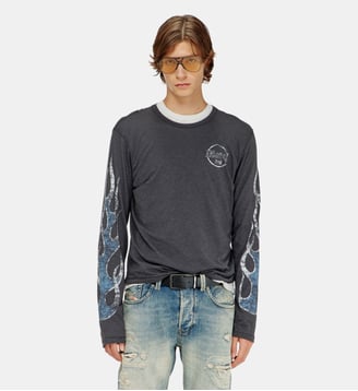 T-shirt manches longues en jersey flammé avec imprimé craquelé - Diesel - Gris foncé