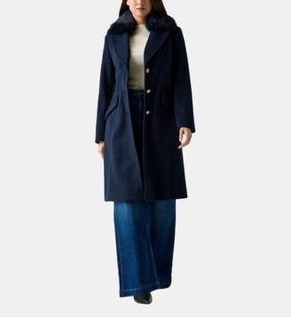 Manteau long col effet fourrure - Guess - Bleu marine