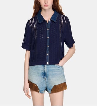 Cardigan en maille crochet et denim - Sandro - Marine