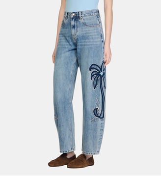 Jean barrel large brodé palmiers - Sandro - Bleu jean