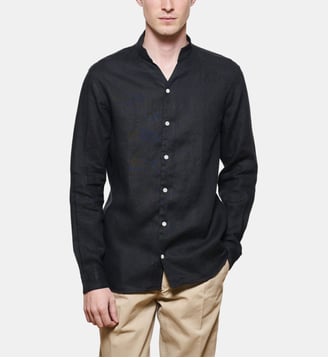 Chemise col chef en lin noir coupe droite - Atelier Privé - Noir