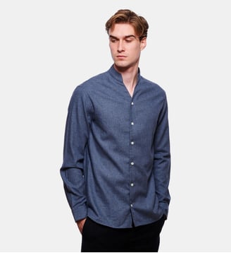 Chemise flanelle motifs mini pied de poule marine coupe droite - Atelier Privé - Bleu marine