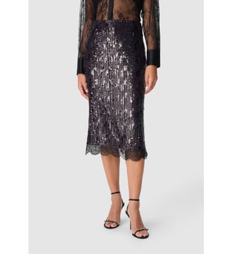 Jupe brodée sequins bande dentelle - Ikks - Violet foncé