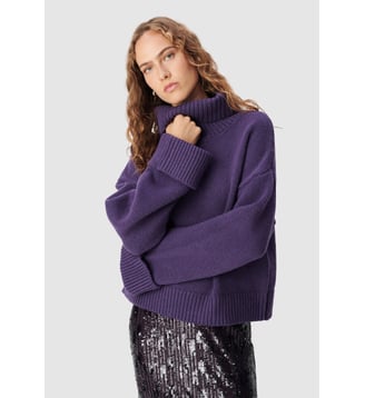 Pull tricot 100% laine maxi col roulé - Ikks - Violet foncé