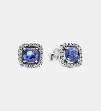 Clous d'Oreilles Halo Bleu Carré Scintillant - Pandora - Argenté