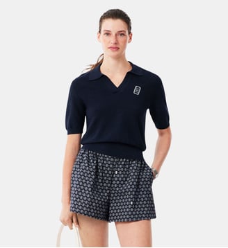 Polo maille col ouvert badge regular fit - Lacoste - Bleu marine