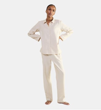 Pyjama col classique en flanelle de coton, Flanelle Rayée - Laurence Tavernier - Beige
