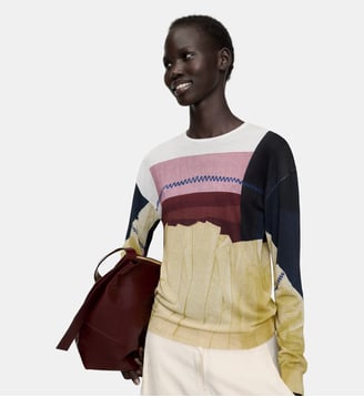 Pull en maille fine imprimée à col rond - Adolfo Dominguez - Noir, écru et vert