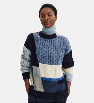 Pull col rond patchwork - Bompard - Marine et bleu de delft