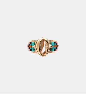 Bague réglable cabochon coquillage et perles tissées ZENITH - Hipanema - Bleu turquoise