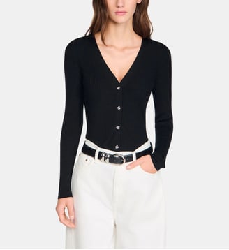 Cardigan côtelé à boutons fantaisie - Sandro - Noir